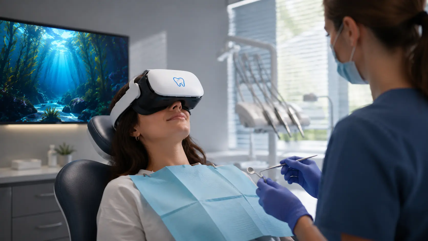 Patient relaxing with VR headset during dental treatment